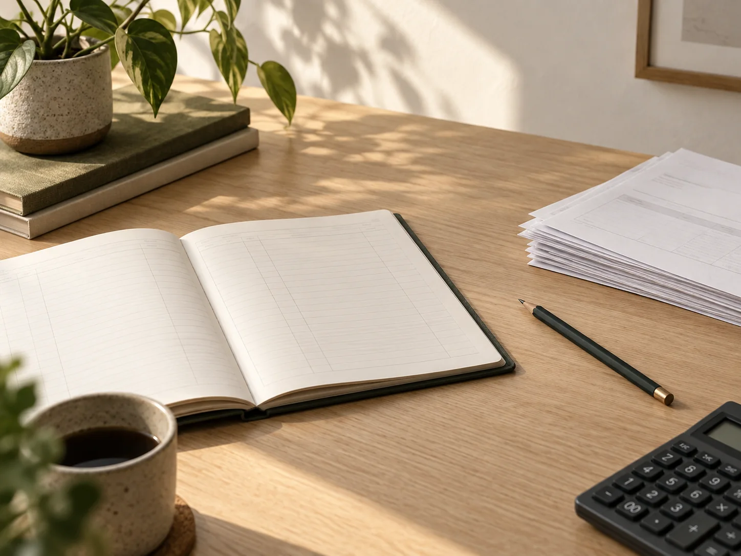 Open notebook, financial records, pen and calculator on a tidy desk